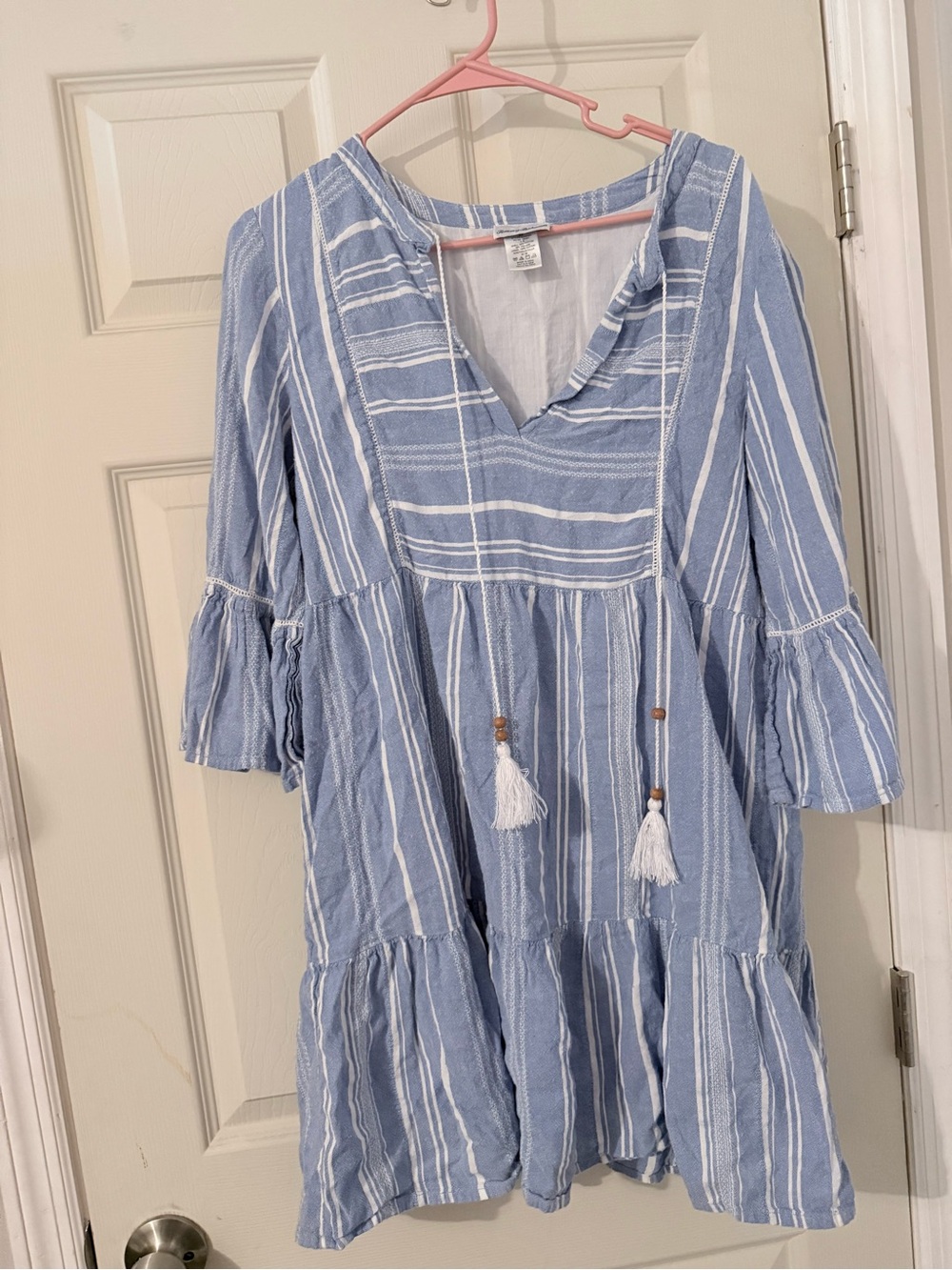 Tommy Bahama Light Blue and White Striped Tassel Tiered Dress